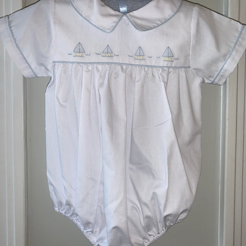 Boy Bubble White with Blue Embroidered Sailboats - 6 months